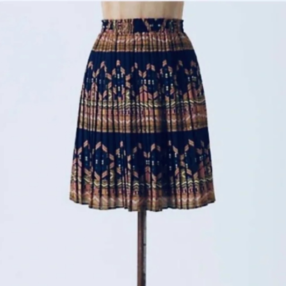 Vintage Anthropologie silk scarf print skirt blue baroque pleated Fall M